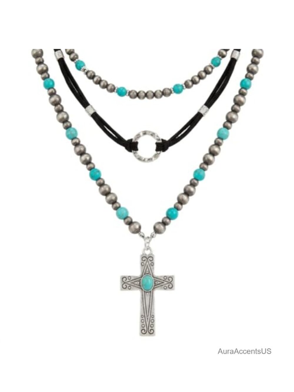Boho Turquoise Cross Necklace Set Navajo Pearl Beaded Layered Choker